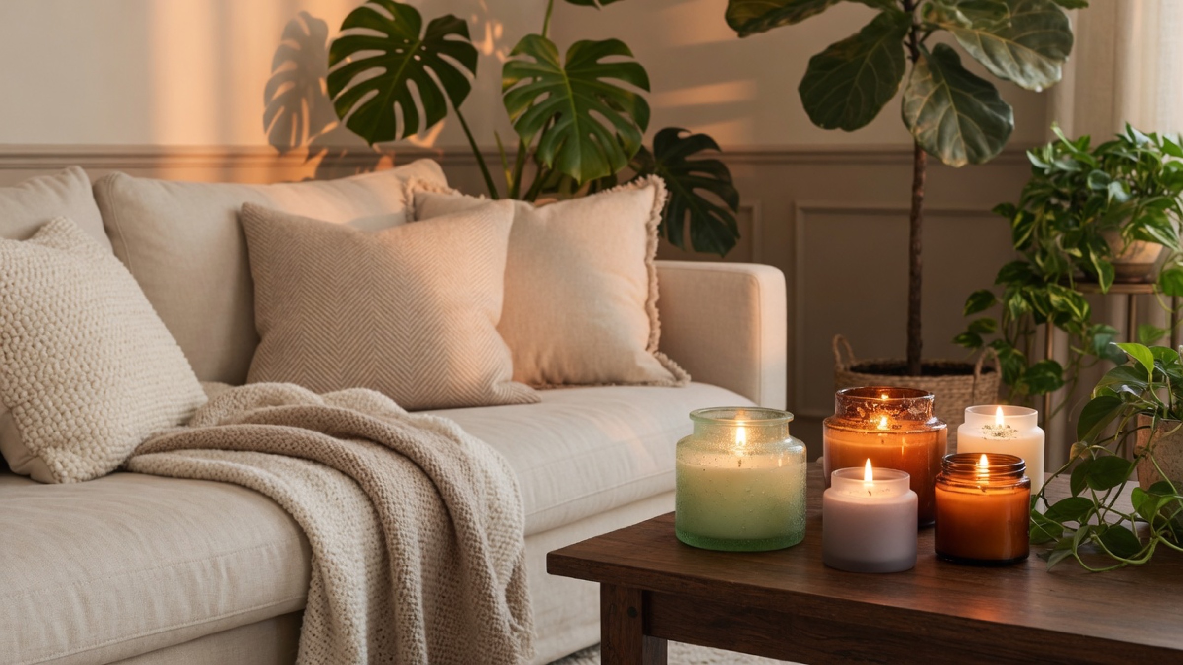 Lit vessel candles on a coffee table in a cozy living room with plants